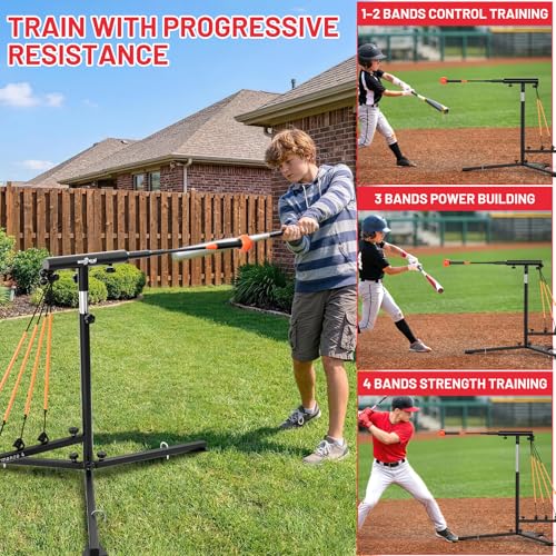 Baseball Softball Swing Trainer with Tripod Base, Adjustable Height Batting Trainer for Solo Hitting Practice, Auto-Return Trainer with 4 Elastic Ropes, Ground Pegs & Carry Bag