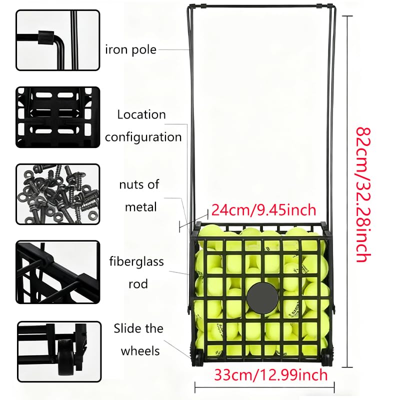 Portable Tennis Balls Hopper with Wheel - 75 Tennis Balls Capacity,Tennis Ball Retriever Basket Carrier Gatherer Picker Hopper Container ，Easy-Roll Design for Practice & Training