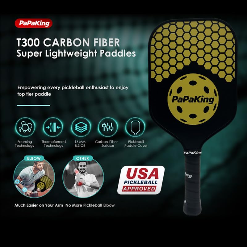 Carbon Fiber Pickleball Paddle with 2 Balls, Lightweight Paddle with Large Sweet Spot & Vibration Damping, Carbon Fiber Textured Surface for High Spin & Control, PP Honeycomb Core