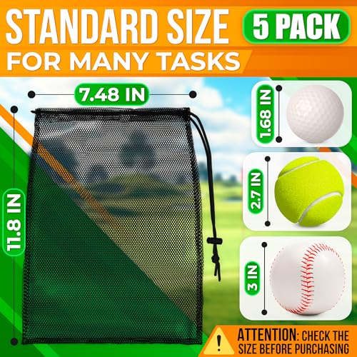 5Pcs Small Mesh Bags Drawstring Black Nylon – 11.8x7.48" Secure Cinch-Top, Mesh Bag for Tennis, Pickleball, Golf, Travel, Beach, Sports Equipment, and Mushroom Foraging – Quick-Dry and Tear-Resistant