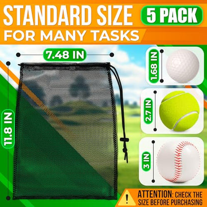 5Pcs Small Mesh Bags Drawstring Black Nylon – 11.8x7.48" Secure Cinch-Top, Mesh Bag for Tennis, Pickleball, Golf, Travel, Beach, Sports Equipment, and Mushroom Foraging – Quick-Dry and Tear-Resistant