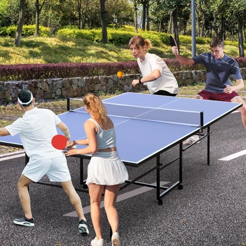 Ping Pong Table Foldable & Portable 6/8/9FT Table Tennis Table Set for Indoor & Outdoor Games with Net & Post, 2 Table Tennis Paddles and 3 Balls - color: Blue-9FT