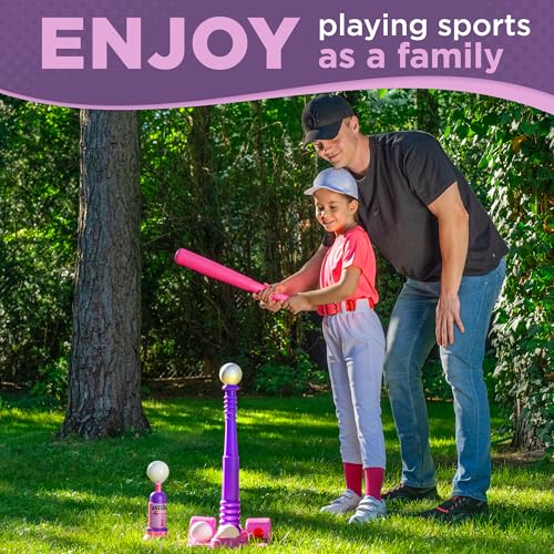 T Ball Stand for Kids and Toddlers 1-3, 3-5, 5-8. Baseball Set Includes 6 Large Balls, an Adjustable Tball Batting Tee, and a Pitching Machine. Kids Bat and T-Ball Set - style: PINK T BALL