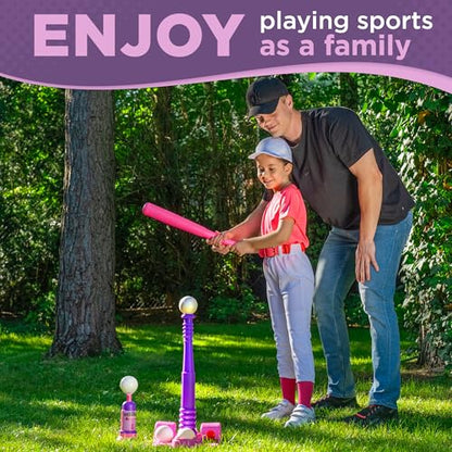 T Ball Stand for Kids and Toddlers 1-3, 3-5, 5-8. Baseball Set Includes 6 Large Balls, an Adjustable Tball Batting Tee, and a Pitching Machine. Kids Bat and T-Ball Set - style: PINK T BALL