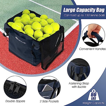 Goplus Foldable Tennis Ball Hopper, Lightweight Aluminum Tennis Ball Basket with Wheels, Removable Bag, Side Pockets, Carry Bag, Portable Sports Teaching Cart Holds 150 Tennis Balls