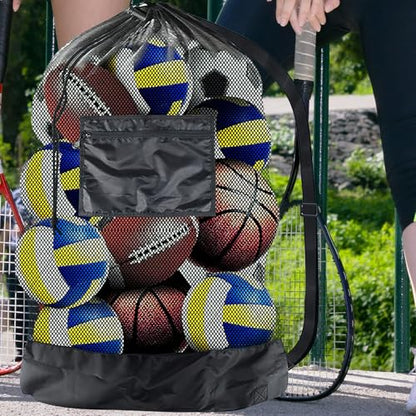 Large Capacity Mesh Drawstring Ball Bag with Pocket Heavy-duty Basketball Soccer Volleyball Storage Single Shoulder Sports Equipment Carrying Sack for Team Training