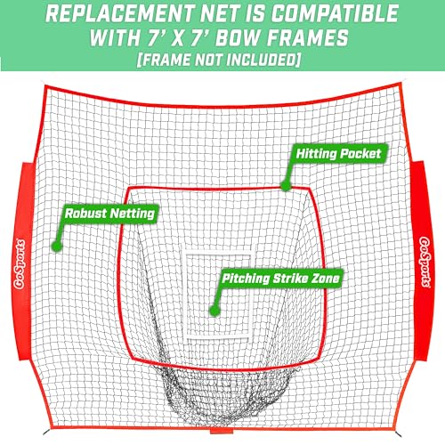 GoSports Replacement 7 x 7 ft Baseball Net - NET ONLY - Frame NOT Included - Choose Your Color - color: Red