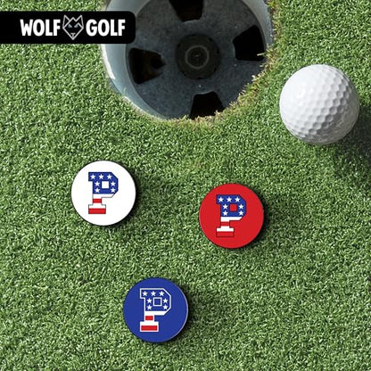 Wolf Golf Towels Golf Ball Marker Hat Clip | USA Monogram | 1 Magnetic Clip + 3 Ball Markers | Patriotic Golf Accessories for Men & Women