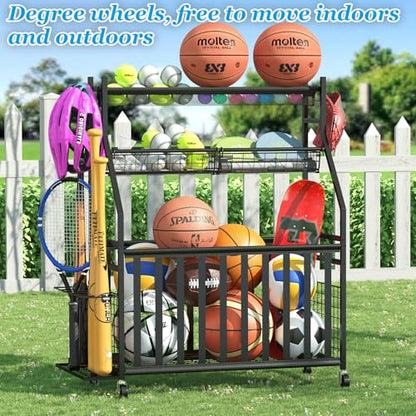 Jsskeeim Garage Sports Equipment Organizer,Sports Ball Organizer with Wheels,Mesh Pocket, Basket,Ball Organizer with Baseball Bat Rack and HooksToy Storage Rolling Cart-Black