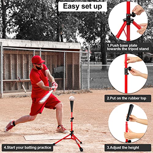 Baseball Tee Batting Tee Softball Tee Portable Travel Hitting Tee,Easy Adjustable Height,Stable Tripod Stand - color: Red