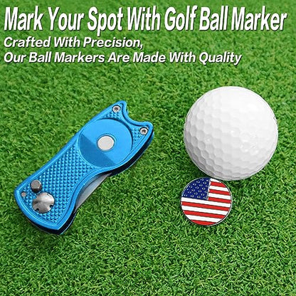 FINGER TEN Golf Divot Repair Tool and Ball Marker Switchblade Value Pack, Foldable Magnetic Stainless Steel with Pop-up Button for Men Women - color: 2 in Blue+2 Ball Marker