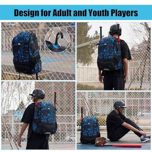 45L Youth Baseball Bat Bag, Softball Bag, Baseball Equipment Backpack Bag with Shoe Compartment - color: Blue