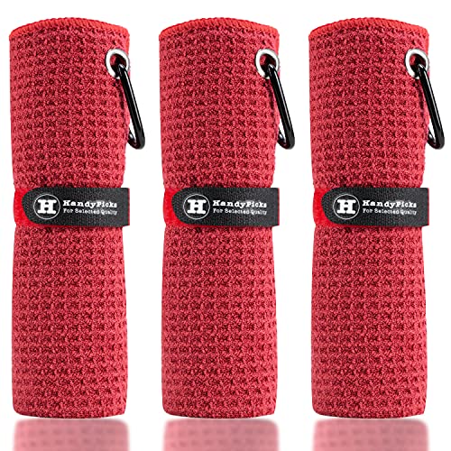 Handy Picks Microfiber Golf Towel (16" X 16") with Carabiner Clip, Waffle Pattern Golf Towel Hook and Loop Fastener - The Convenient Golf Cleaning Towel - color: Red