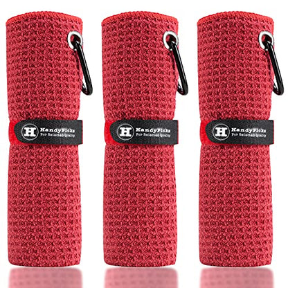 Handy Picks Microfiber Golf Towel (16" X 16") with Carabiner Clip, Waffle Pattern Golf Towel Hook and Loop Fastener - The Convenient Golf Cleaning Towel - color: Red