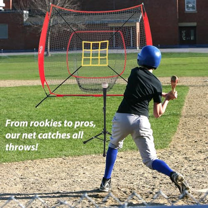 7x7 Ft Baseball and Softball Training Net with Batting Tee, Strike Zone Target, Portable Hitting and Pitching Practice Set - color: Red