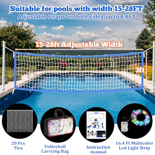 15 x 3FT Pool Volleyball Net with Light and Storage Bag,Adjustable Length 15ft-27ft Portable Pool Volleyball Net Replacement for Inground Pools,Light Up Pool Party Badminton Net for Backyard,Beach