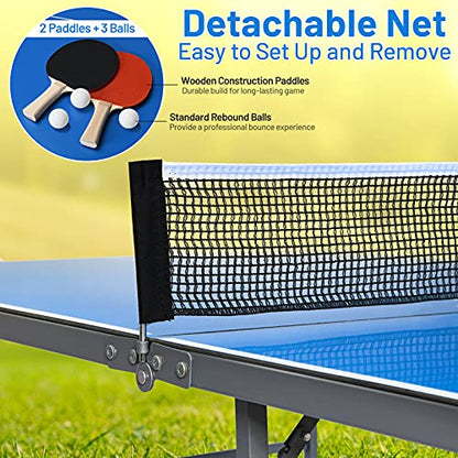 GYMAX Folding Table Tennis Table Set, Complete Ping Pong Table Combo with Removable Net, 2 Paddles & 3 Balls, Potable Table Tennis Kit for Family Kids Game