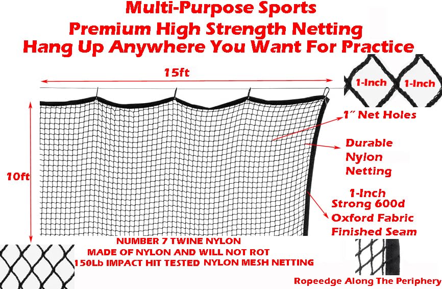 10ft, 15ft, 25ft Sports Practice Netting Sturdy Net Hitting Throwing Pitching Net 150LB Impact Hit Tested Nylon Mesh Netting for Golf, Baseball, Softball, Hockey, Soccer, LAX - size: 10ft x 15ft