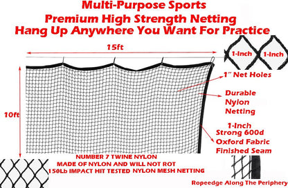 10ft, 15ft, 25ft Sports Practice Netting Sturdy Net Hitting Throwing Pitching Net 150LB Impact Hit Tested Nylon Mesh Netting for Golf, Baseball, Softball, Hockey, Soccer, LAX - size: 10ft x 15ft