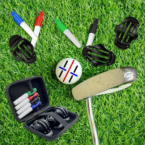 Golf Ball Marker Set with Carry Case, 3 Golf Ball Marking Stencils and 4 Color Golf Ball Markers, Golf Ball Marker Liner Marker, Golf Ball Alignment Marking Tool
