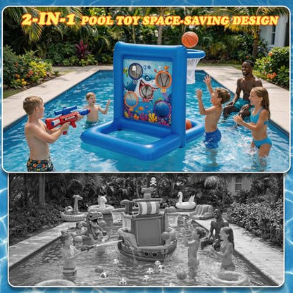 Pool Toys Games for Kids&Adults, 2-in-1 Pool Basketball Hoop with Shooting Target Game & with 2 Blasters, 40 Foam Balls, 4 Basketballs, Summer Outdoor Water Toys, Pool Party Lawn Backyard Games-Blue