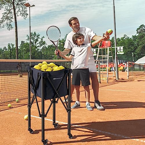 Goplus Foldable Tennis Ball Hopper, Lightweight Aluminum Tennis Ball Basket with Wheels, Removable Bag, Side Pockets, Carry Bag, Portable Sports Teaching Cart Holds 150 Tennis Balls