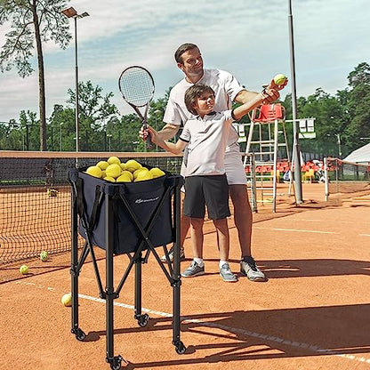 Goplus Foldable Tennis Ball Hopper, Lightweight Aluminum Tennis Ball Basket with Wheels, Removable Bag, Side Pockets, Carry Bag, Portable Sports Teaching Cart Holds 150 Tennis Balls