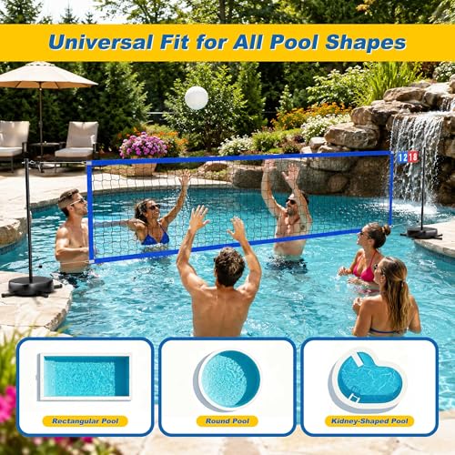 Pool Volleyball Net with 24/7 LED Lights – Adjustable Max Width 32FT Height 7.5FT, Ideal for Inground Pools, Backyard Party, Adults & Kids, Scoreboard Included