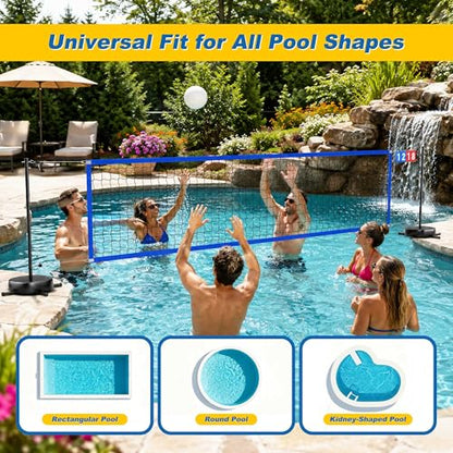 Pool Volleyball Net with 24/7 LED Lights – Adjustable Max Width 32FT Height 7.5FT, Ideal for Inground Pools, Backyard Party, Adults & Kids, Scoreboard Included