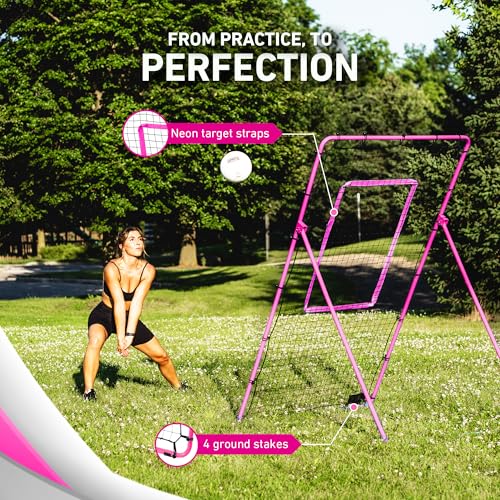 Velocity Volleyball Rebounder 5-Angle Adjustable 7x4 ft Volleyball Rebounder Net for Backyard with Reinforced Steel Frame & High-Tension PE Netting Bounce Back Net with Travel Bag, (Pink)