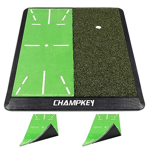 CHAMPKEY Heavy-Duty Golf Hitting Mat - Swing Path Feedback Golf Practice Mat - Ideal for Indoor and Outdoor Training - size: 13" x 17", style: Impact & Fairway Mat with 2 Pads