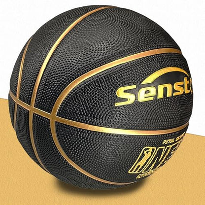 Senston 27.5''/29.5'' Outdoor Basketball Excellent Elasticity/Grip Rubber Basketballs with Pump, Durable Size 5/7 Men Basketball - color: Black/Gold, size: 29.5''(size 7)