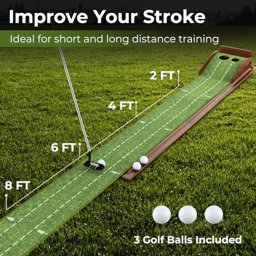 Goplus Golf Putting Mat, 10FT Putting Green Practice Training Aid with 2 Holes/3 Holes, Auto Ball Return, 3 Golf Balls, Training Mini Games for Indoor Outdoor Home Office Golfers Men Women - style: 2 Holes