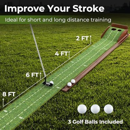 Goplus Golf Putting Mat, 10FT Putting Green Practice Training Aid with 2 Holes/3 Holes, Auto Ball Return, 3 Golf Balls, Training Mini Games for Indoor Outdoor Home Office Golfers Men Women - style: 2 Holes