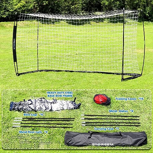 Storgem Soccer Goal,Soccer Net,Soccer Goals for Backyard,with Bow Frame,Collapsible Metal Base and 15 Training Cones