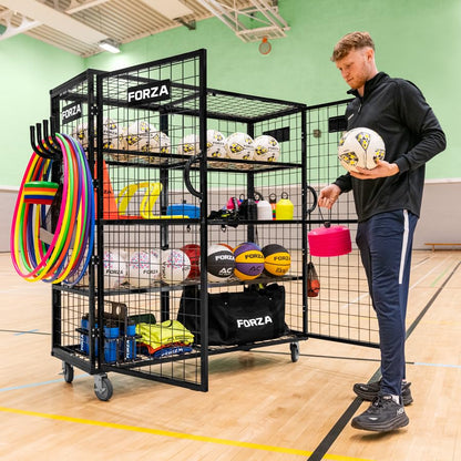 FORZA XL Sports Equipment Storage Cabinet & Cart | Portable Rolling Cart with Mesh Shelves & Lockable Design - Ideal for Schools, Gyms and Sports Centers