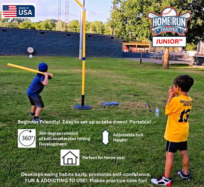 Junior Home Run Trainer, Baseball and Softball Hitting Practice Trainer for Kids Ages 5 to 7. Lightweight Stationary Indoor/Outdoor Batting Trainer with Adjustable Height Ball by Fielder's Dome Mats