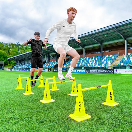 FORZA 20in Training Cones | Adjustable Hurdle System for Customizable Drills | Available in 4 Fluorescent Colors - color: Fluro Yellow, size: Pack of 8, style: With Agility Poles