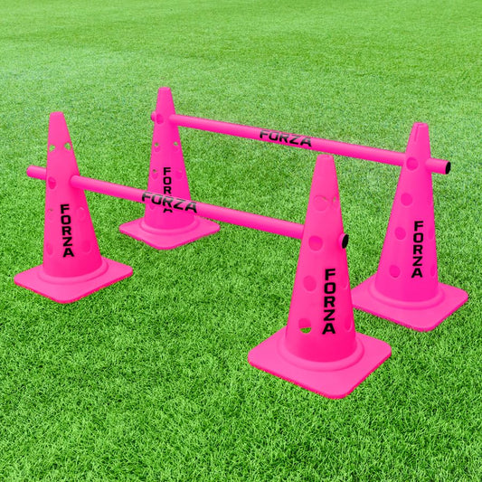 FORZA 20in Training Cones | Adjustable Hurdle System for Customizable Drills | Available in 4 Fluorescent Colors - color: Fluro Pink, size: Pack of 4, style: With Agility Poles