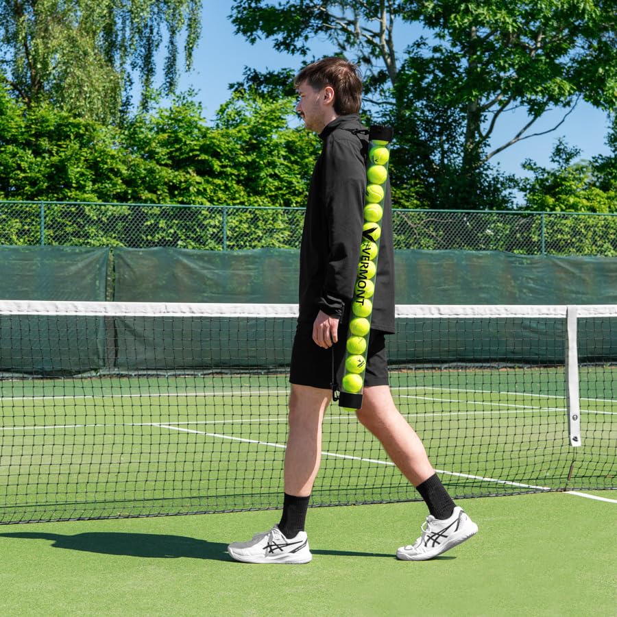 Vermont Tennis Ball Pick-Up Tube | 15 Ball Capacity - Lightweight PVC Design Durable Rubber Base - Quick Release Straps Easy Collection - Training Practice Equipment