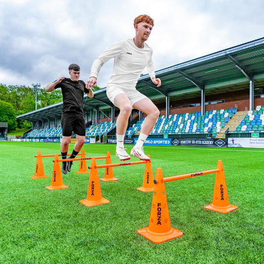 FORZA 20in Training Cones | Adjustable Hurdle System for Customizable Drills | Available in 4 Fluorescent Colors - color: Fluro Orange, size: Pack of 8, style: With Agility Poles
