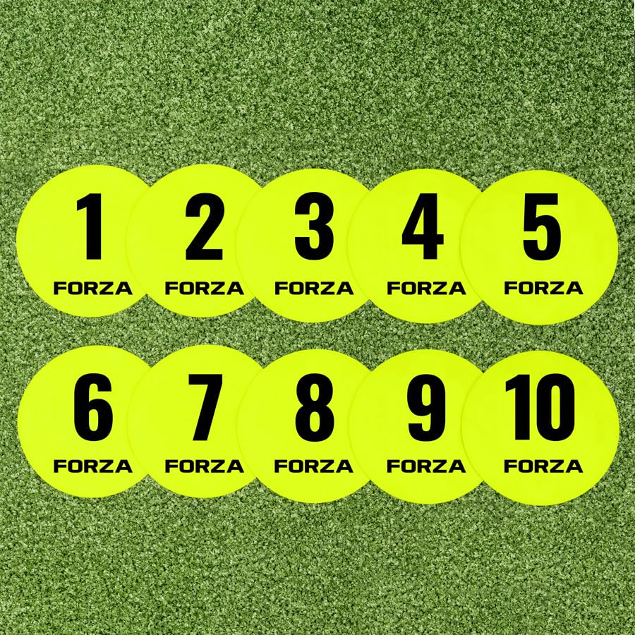 FORZA Numbered Flat Disc Markers [Set of 10] | Non-Slip Training Discs for Soccer, Footbal,l Basketball & Speed Agility Drills | High Visibility, Indoor & Outdoor Coaching Equipment