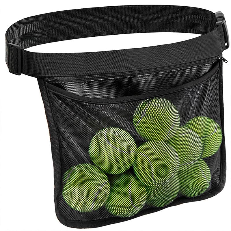 Tennis Ball Waist Bag with Inner Zipper Pocket, Mesh Waist Hip Bag for 8-10 Pickleballs/Tennis Balls, Adjustable Belt Carrier for Outdoor Sport Training, Portable Storage Pouch
