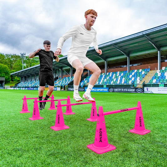 FORZA 20in Training Cones | Adjustable Hurdle System for Customizable Drills | Available in 4 Fluorescent Colors - color: Fluro Pink, size: Pack of 8, style: With Agility Poles