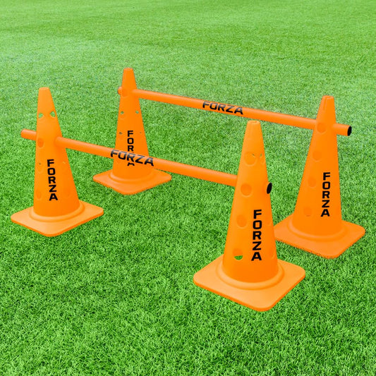 FORZA 20in Training Cones | Adjustable Hurdle System for Customizable Drills | Available in 4 Fluorescent Colors - color: Fluro Orange, size: Pack of 4, style: With Agility Poles