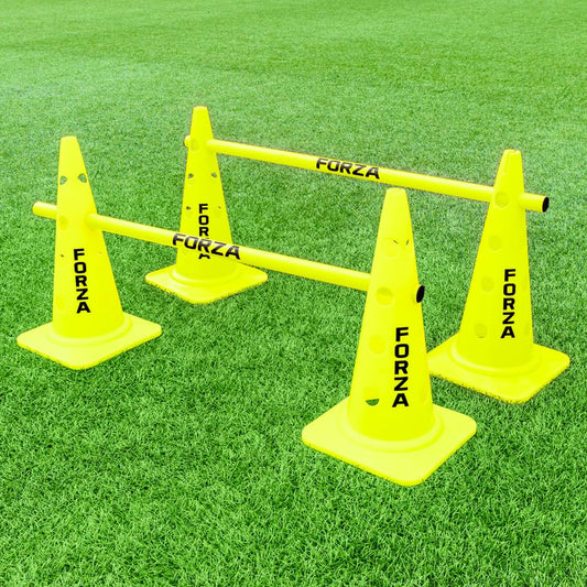 FORZA 20in Training Cones | Adjustable Hurdle System for Customizable Drills | Available in 4 Fluorescent Colors - color: Fluro Yellow, size: Pack of 4, style: With Agility Poles